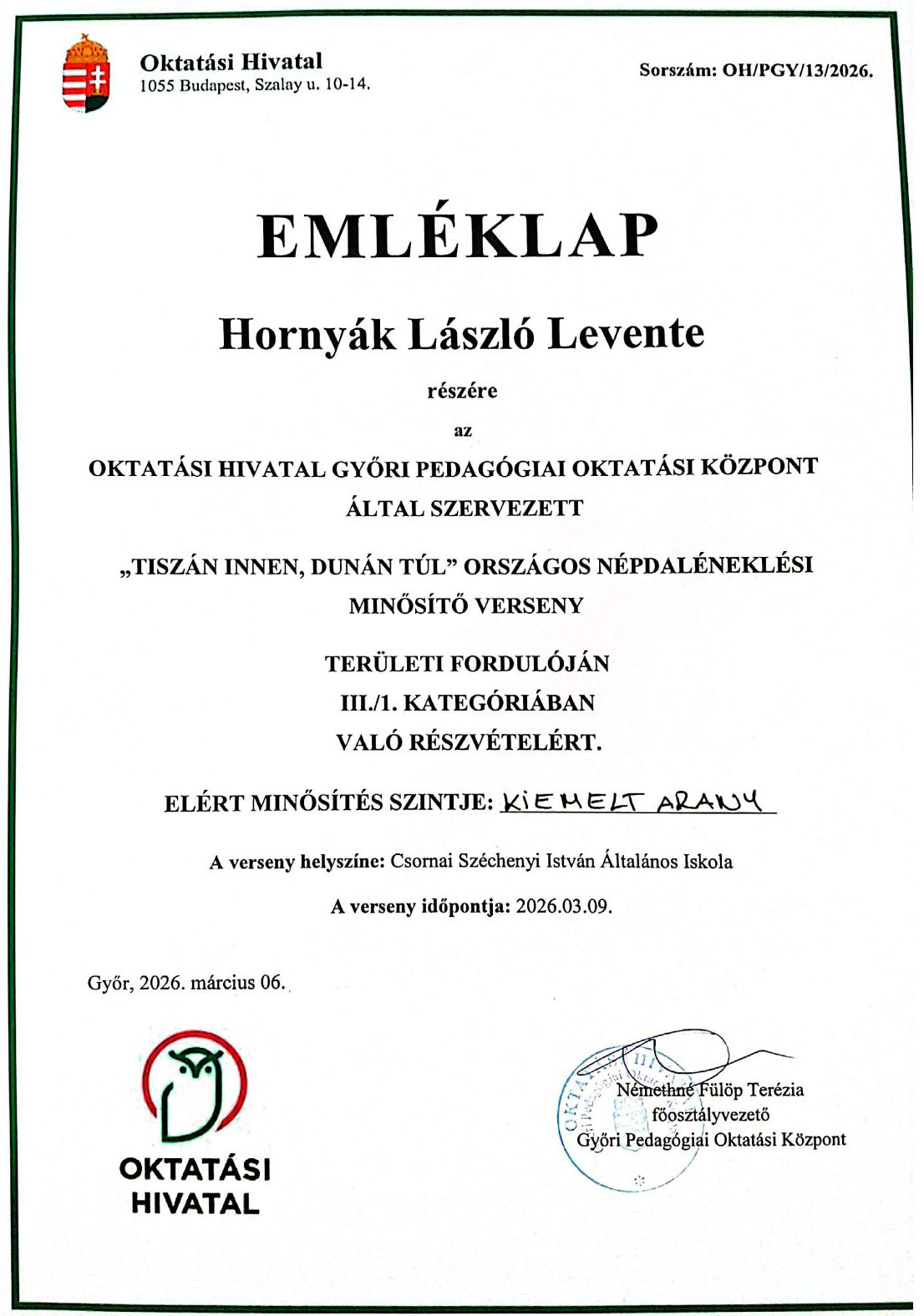 Népdal oklevél 3
